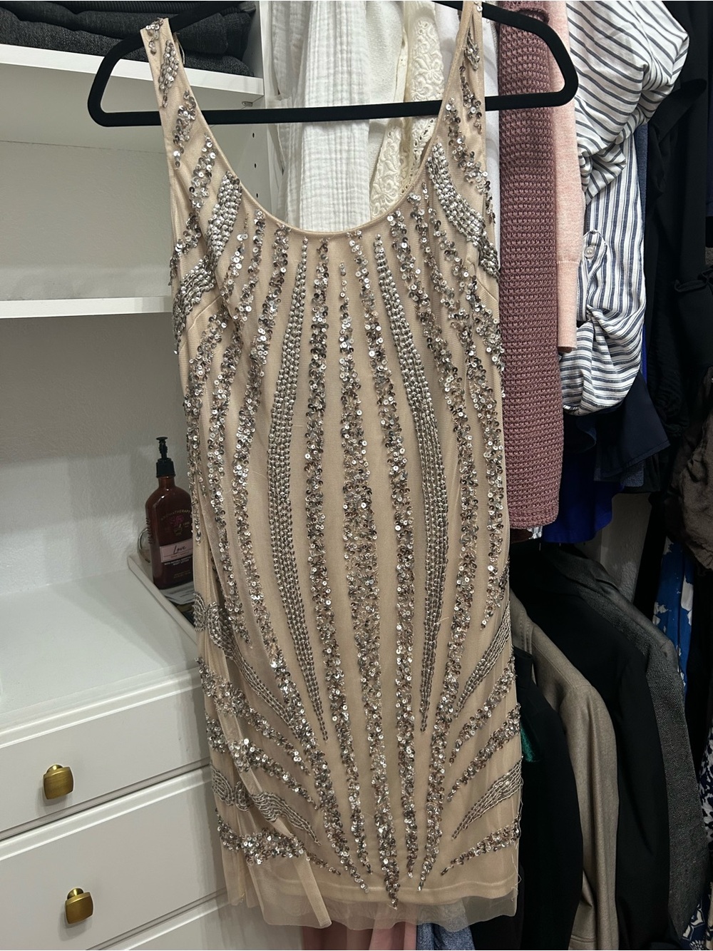 Adrianna Papell Nude Beaded Cocktail Dress with Silver Embellishments